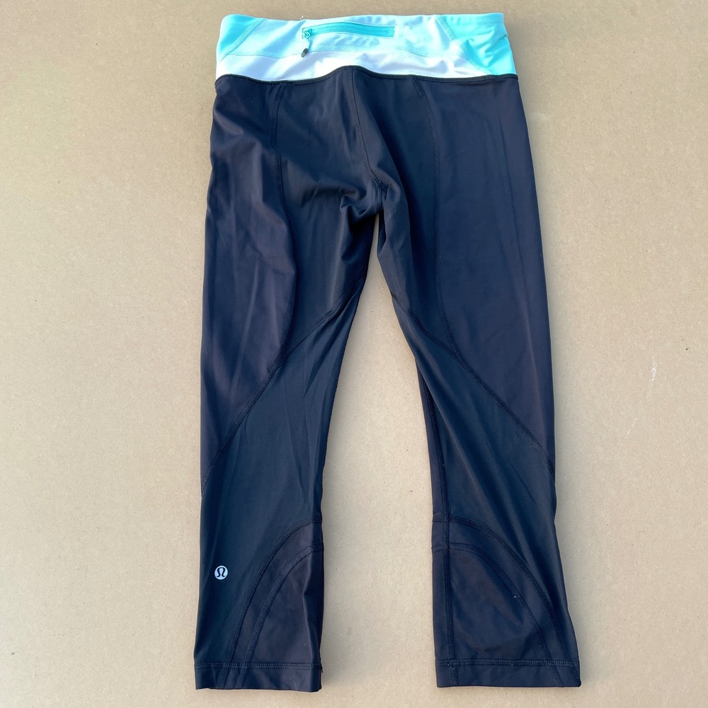 Lululemon Cropped Leggings Women 6 Black Teal Yoga Running Zipped Pocket Mesh - Picture 7 of 7